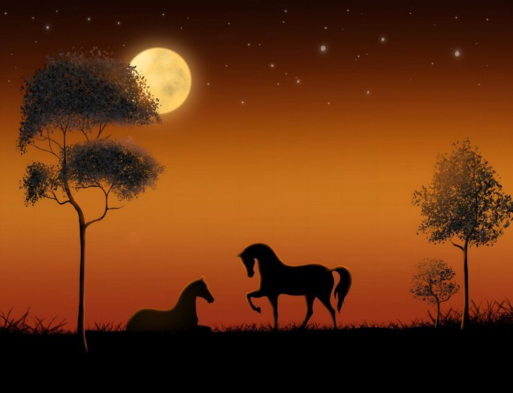 Silueta de dos caballos en un prado por la noche contra un fondo de cielo naranja dorado