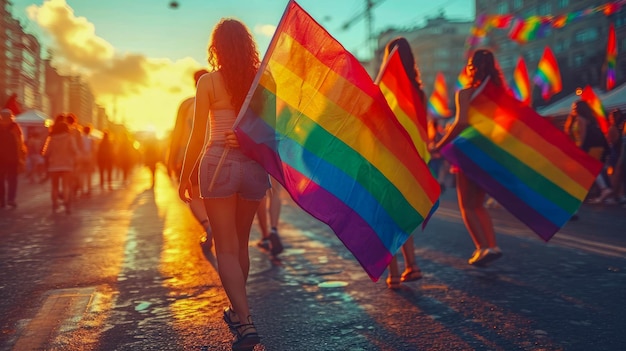 Silueta de dos mujeres con una bandera LGBT en la calle