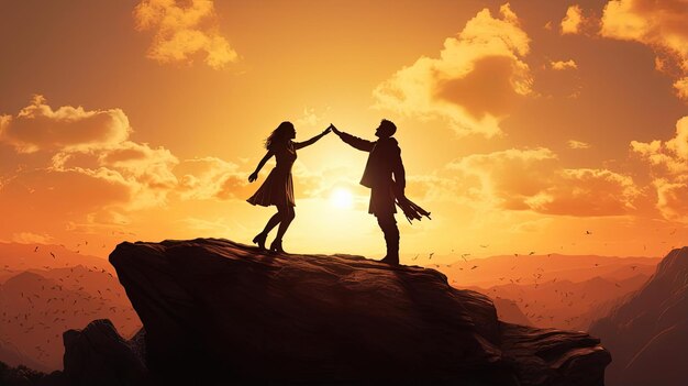 silueta de dos personas celebrando entre sí en la cima de una montaña al atardecer