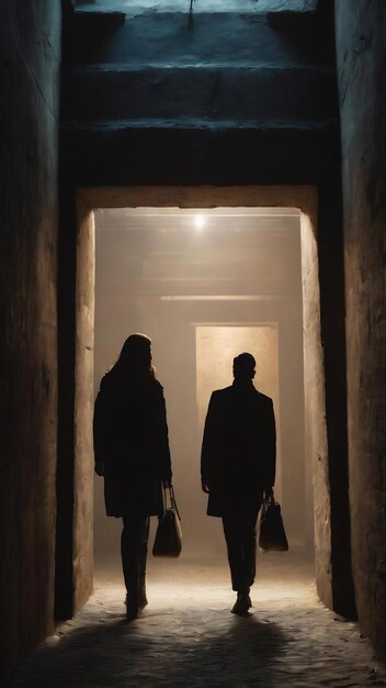 Silueta de dos personas que entran en un edificio subterráneo oscuro y sombrío
