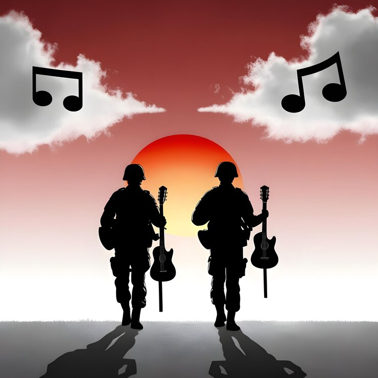 Una silueta de dos soldados caminando hacia el horizonte mientras sostienen guitarras en lugar de armas