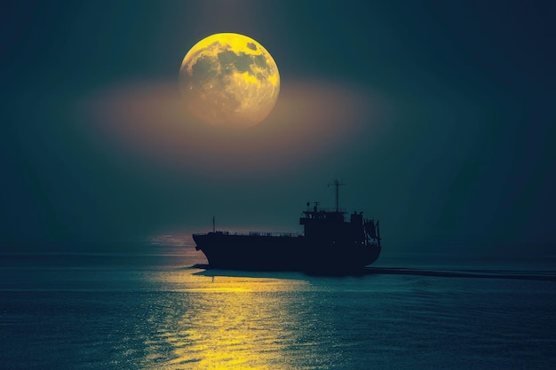 Una silueta dramática de un barco de carga navegando a través de un océano tranquilo bajo la luna llena
