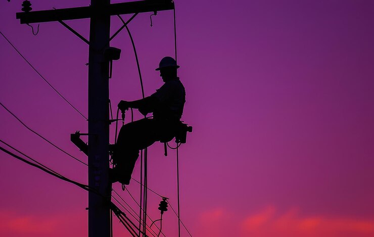 Silueta de electricista trabajando en un poste de servicios públicos al anochecer generada por IA