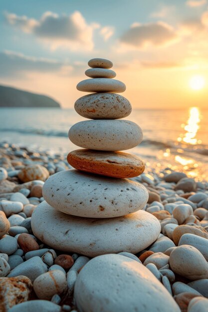 La silueta equilibrada de la pirámide de guijarros en la playa