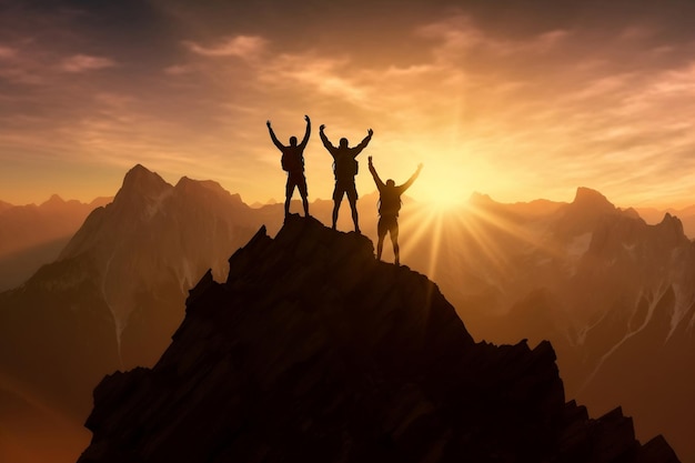 Silueta del equipo en la cima de la montaña Concepto de liderazgo Puesta de sol en las montañas Generación de IA