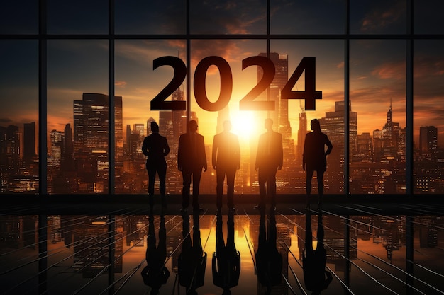 Silueta del equipo de negocios bienvenido a 2024 Objetivo a 2024 Objetivo de crecimiento del plan de visión y feliz concepto de año nuevo