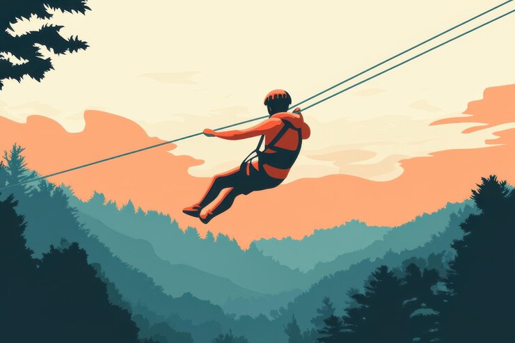 Silueta de un escalador en tirolesa a través del cañón al atardecer disfrutando de deportes extremos y vistas panorámicas