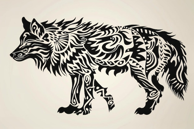 Silueta estilizada de un lobo con ornamento tribal en un fondo claro