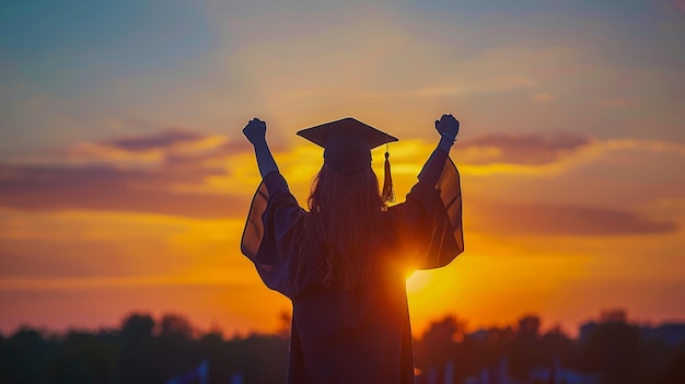 silueta de un estudiante celebrando la graduación viendo la luz del sol