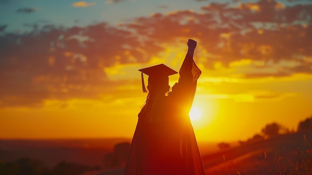 silueta de un estudiante celebrando la graduación viendo la luz del sol