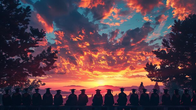 silueta de estudiantes celebrando la graduación viendo la luz del sol