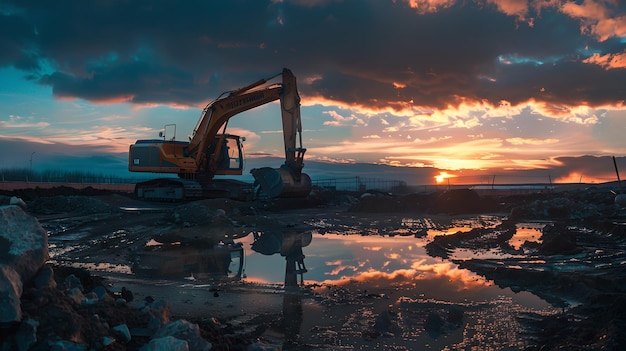 Silueta de una excavadora en un sitio de construcción contra un cielo de puesta de sol impresionante que se refleja en charcos de agua Paisaje industrial que captura la esencia del desarrollo IA