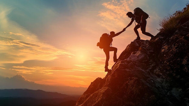 silueta de un excursionista ayudando a un amigo a llegar a la cima de la montaña al atardecer Generativo Ai