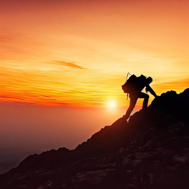 una silueta de un excursionista en una montaña con el sol poniéndose detrás de él IA generativa