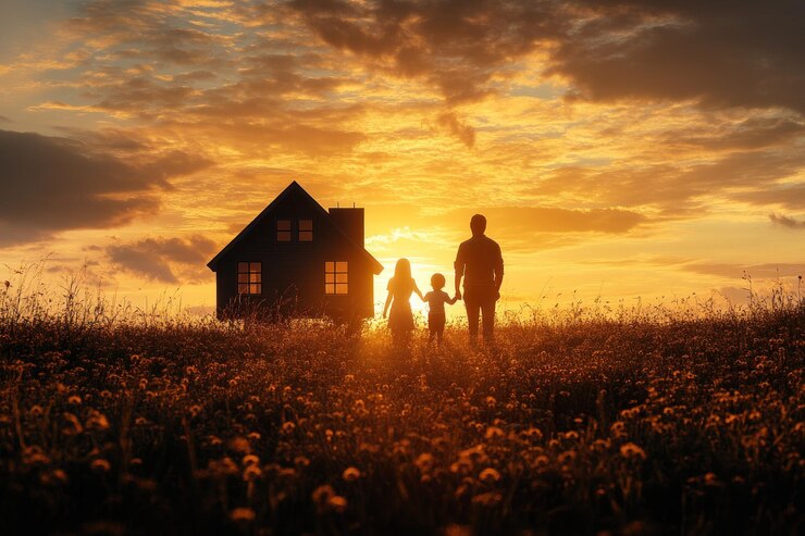 Silueta de una familia al atardecer con una casa