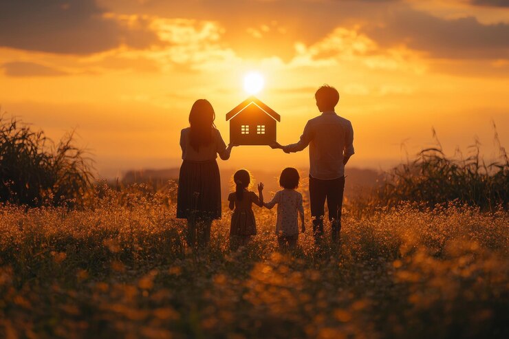 Silueta de la familia al atardecer con el símbolo de la casa