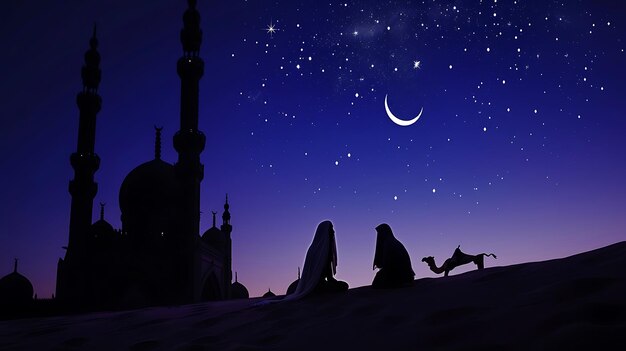 Silueta de una familia árabe y un camello caminando por una mezquita islámica por la noche con luna creciente.