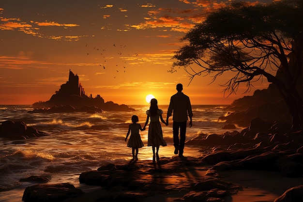 silueta de la familia caminando a lo largo del mar al atardecer