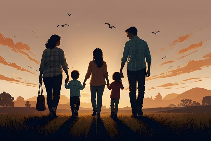 Silueta de una familia caminando de la mano y felices juntos con el fondo del paisaje del atardecer