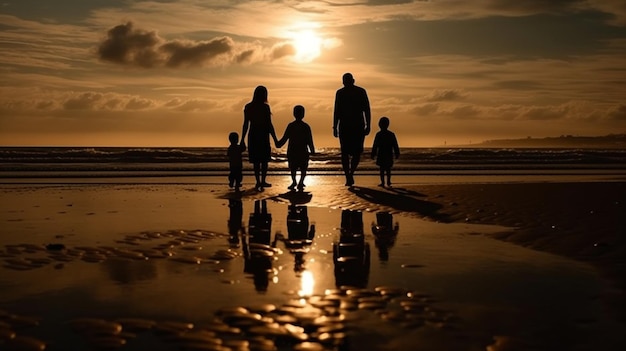 La silueta de una familia captura un momento deslumbrante en la playa
