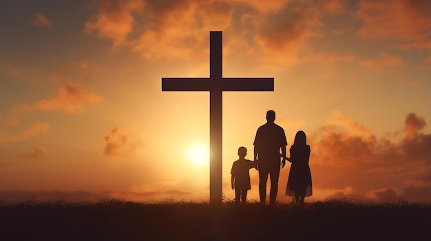 Foto silueta de una familia cerca de una cruz en un campo al atardecer