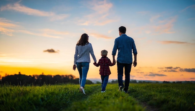 silueta de la familia espaldas giradas paseando en un prado al atardecer irradiando felicidad en el cálido bajo