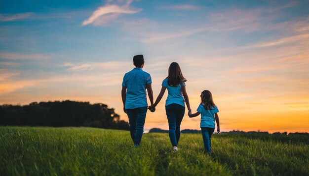 silueta de la familia espaldas giradas paseando en un prado al atardecer irradiando felicidad en el cálido bajo