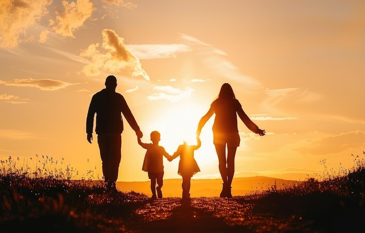 Silueta de familia feliz en la puesta de sol generada por IA