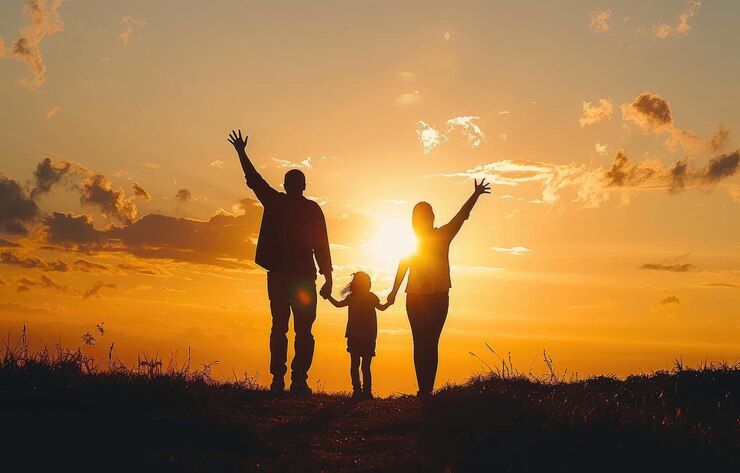 Silueta de familia feliz en la puesta de sol generada por IA