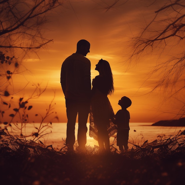 Silueta de una familia feliz viendo una puesta de sol