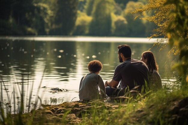 Silueta de una familia haciendo un picnic junto al lago felizmente durante el atardecer