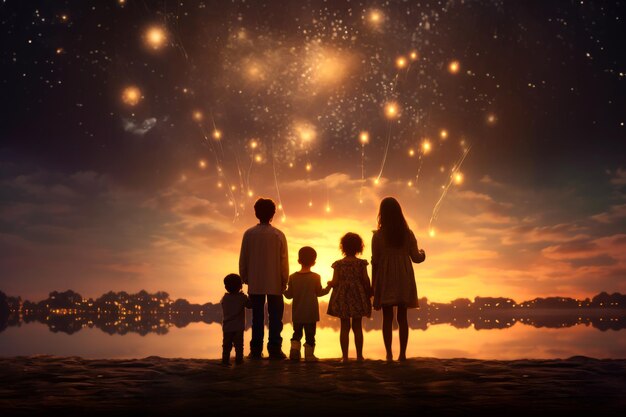 silueta de familia que mira el hermoso cielo nocturno navideño lleno de estrellas