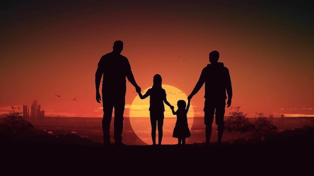 Silueta de la familia que el padre está jugando con el niño felizmente con el cielo del atardecer