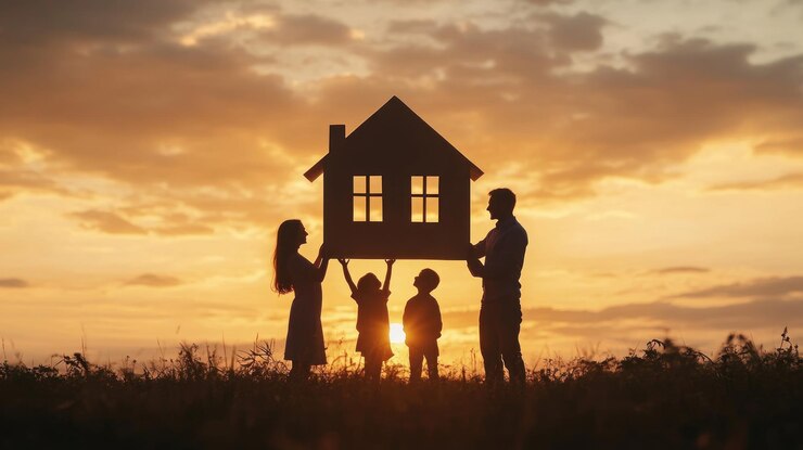 Silueta de una familia sosteniendo una casa al atardecer