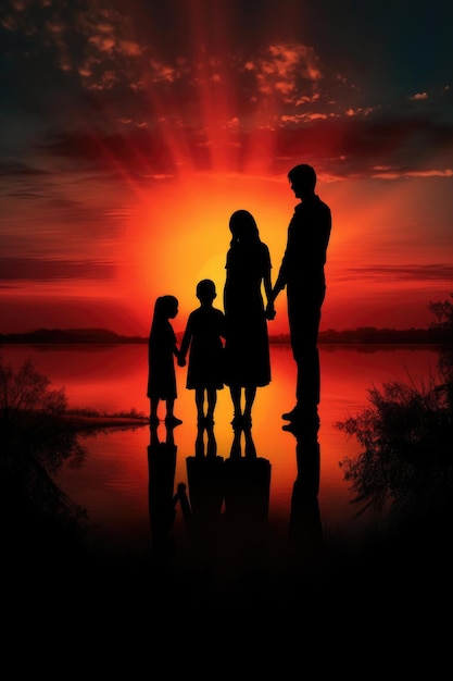 Silueta de una familia tomados de la mano al atardecer creada con ai generativo