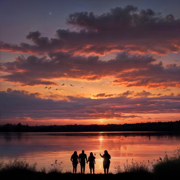 Foto silueta de una familia de tres personas con el fondo de la puesta de sol