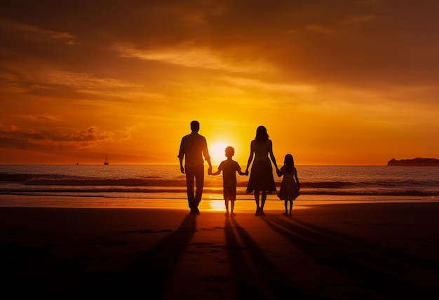 Silueta familiar de pie en la playa puesta de sol padre madre hija caminar IA generativa