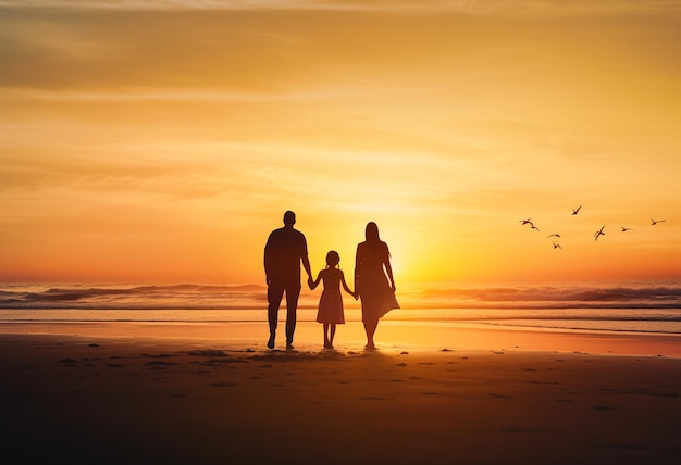 Silueta familiar de pie en la playa puesta de sol padre madre hija caminar IA generativa