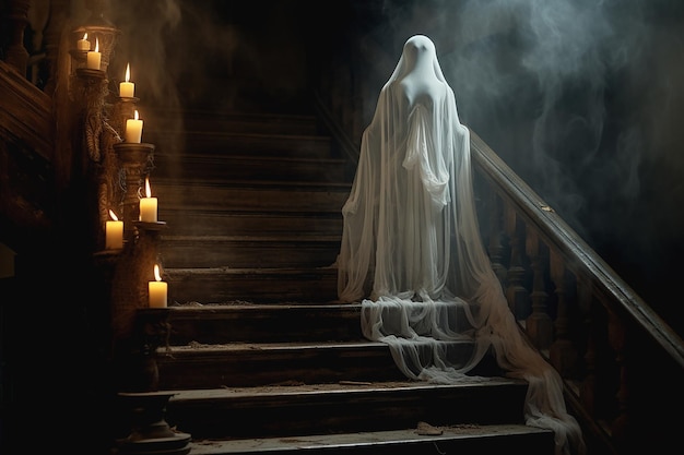 Silueta fantasmal de una mujer con un velo blanco en las escaleras de un antiguo palacio generativo ai
