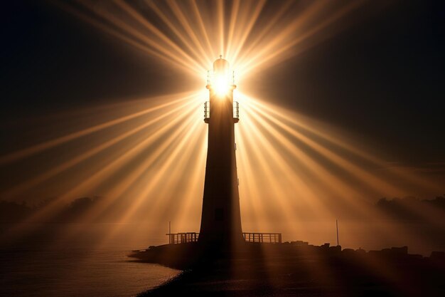 Foto silueta de faro con haces de luz penetrante niebla creada con ai generativo