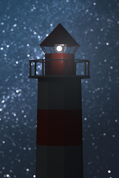 Foto silueta del faro de navegación marina en el fondo del cielo estrellado nocturno