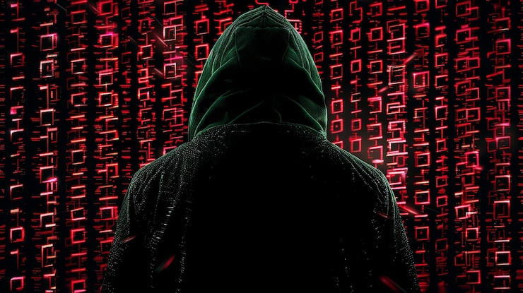 Foto silueta de una figura encapuchada contra un fondo de código digital rojo