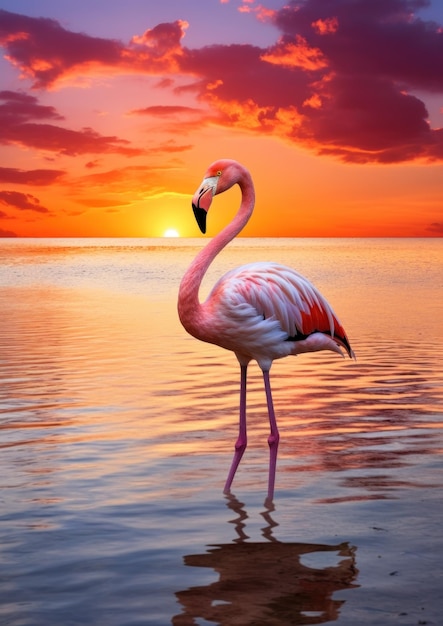 Silueta de flamenco al atardecer con palmeras en la playa AI generado