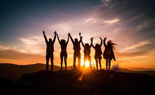 La silueta de la foto de un equipo de negocios feliz haciendo las manos altas en el fondo del cielo al atardecer