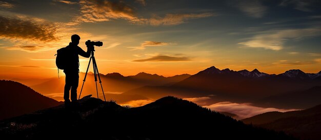 La silueta de un fotógrafo capturando la majestuosidad de la montaña