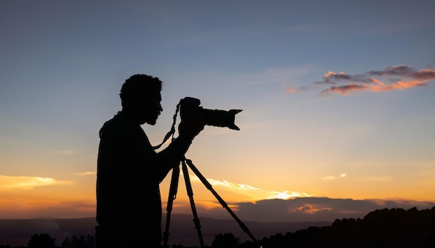 Silueta de un fotógrafo que dispara una puesta de sol en las montañas ai generativo