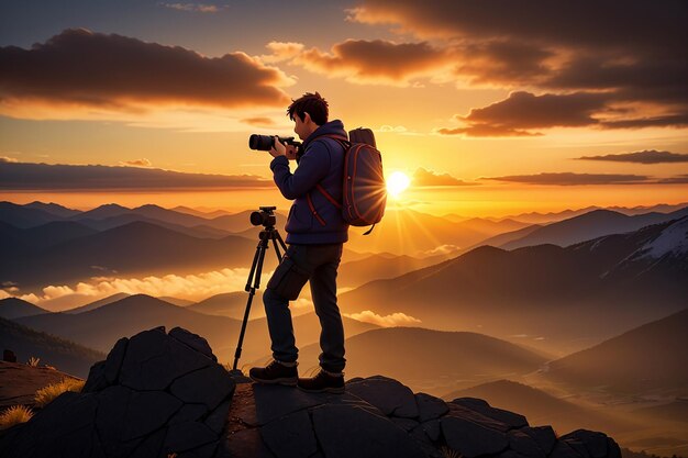 Silueta de un fotógrafo que toma una puesta de sol en las montañas