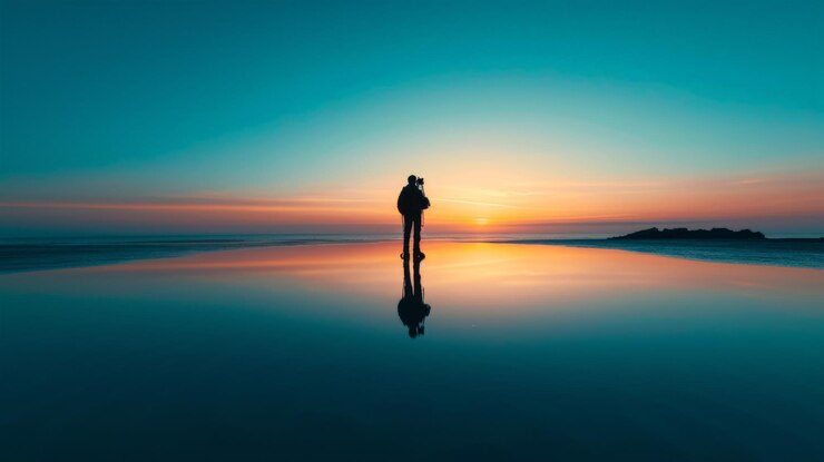 Silueta del fotógrafo en el reflejo de una hermosa fotografía en un fondo limpio póster de arte conceptual visual copyspace