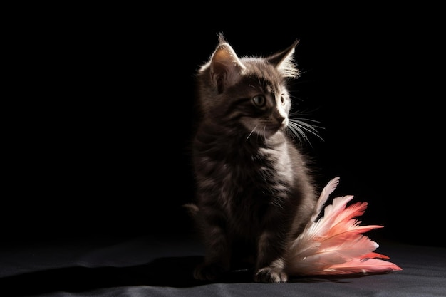 Silueta de gatito retroiluminada con plumas flotantes creadas con AI generativa