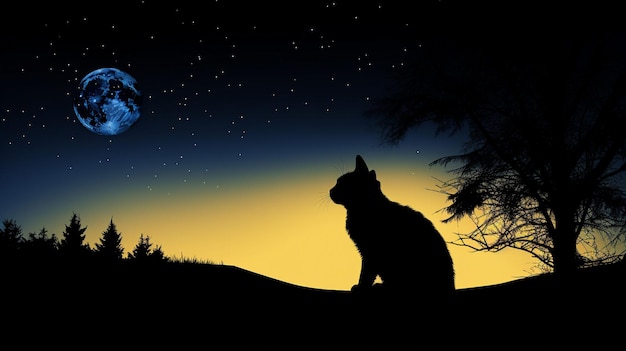 La silueta de un gato contra una luna llena una escena encantadoramente hermosa de quietud nocturna